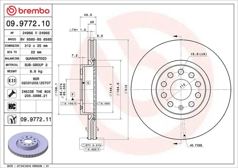 BREMBO 09.9772.11 Ön Fren Diski